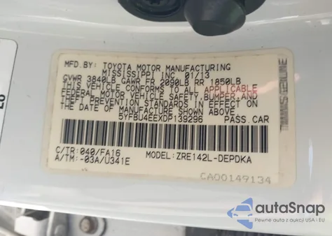 2013 Toyota Corolla L из США, поврежденный, VIN 5YFBU4EEXDP139296